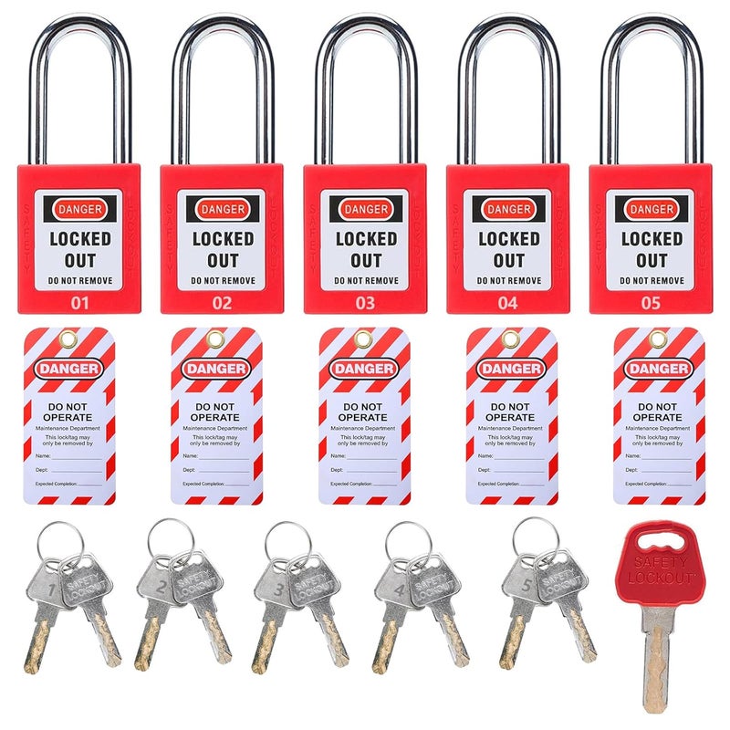 Allucky Lockout Tagout Locks, 5pcs Safety Locks Keyed Differently(Come with 1pcs Master Key) & 5pcs Lockout Tagout Tags, Lock Out Tag Out Padlocks Set, 2 Keys Per Lock(No.1-5) - Image 1